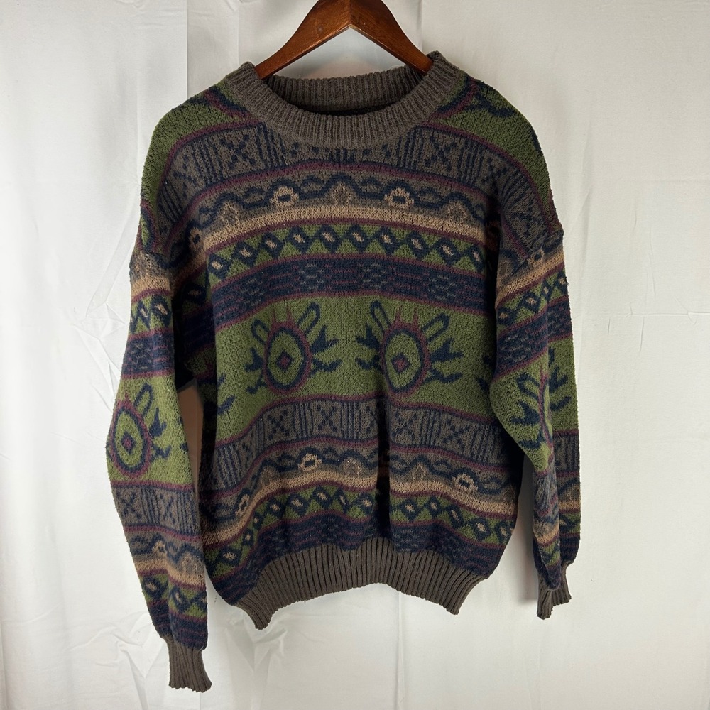 Romwe Geometric Knit Sweater Womens M Green‎ Brown Tribal Pattern Crewneck